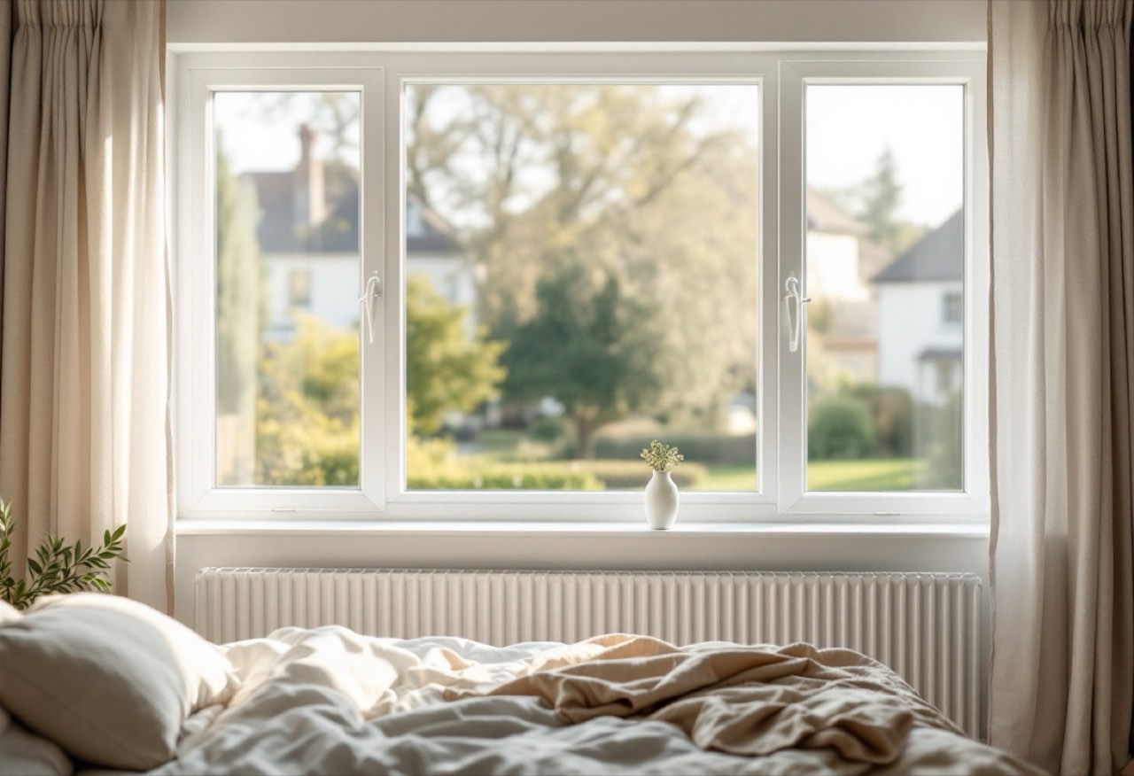 Chambre calme et lumineuse derrière une fenêtre à vitrage épais